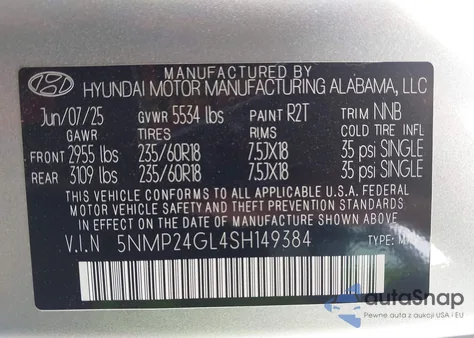 2025 Hyundai Santa Fe Sel from USA, damaged, VIN 5NMP24GL4SH149384